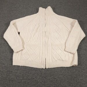 Aran Crafts Sweater Cardigan Unisex XL White Cable Knit Full Zip Pockets Wool